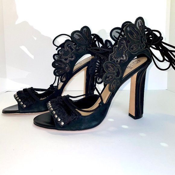 Paula Cademartori Suede & Mesh Winged High Heel Sandals w/Grommets & Fringe NEW - Picture 1 of 17